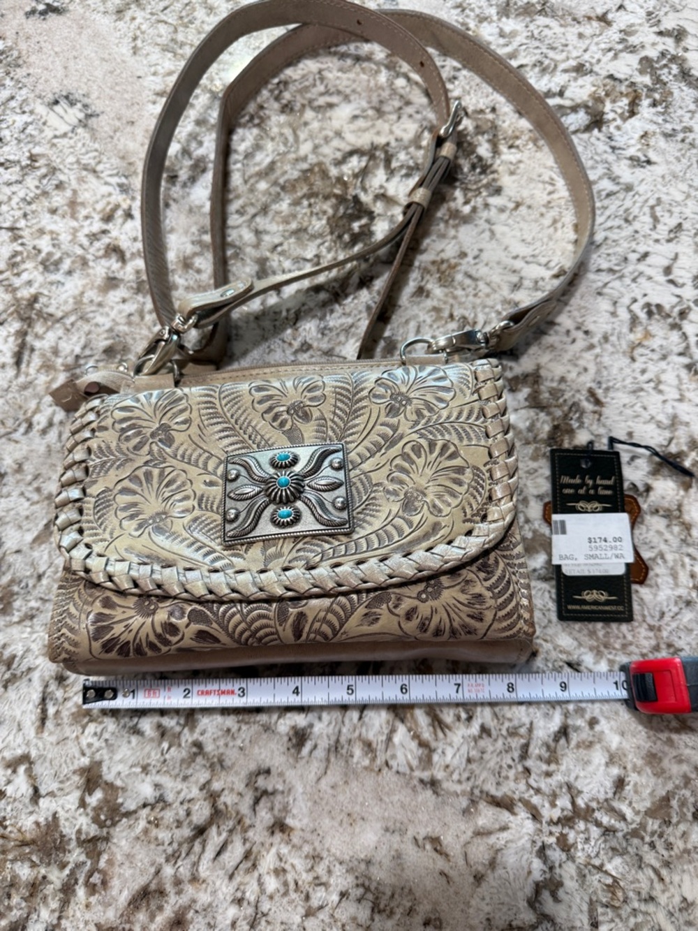 American West Tooled Floral Leather Crossbody Bag with Turquoise Concho  - Tan